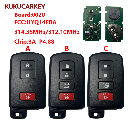 For Toyota 2+1/4 Buttons  Prius RAV4 2012-2020 Smart Key Fob Remote HYQ14FBA-0020 314.35MHz/312.10MHz chip：8A P4:88